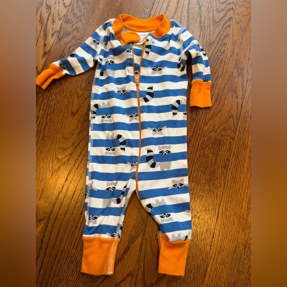 Hanna Andersson Blue & White Striped Raccoon Pajamas with Orange Trim size 0-6m